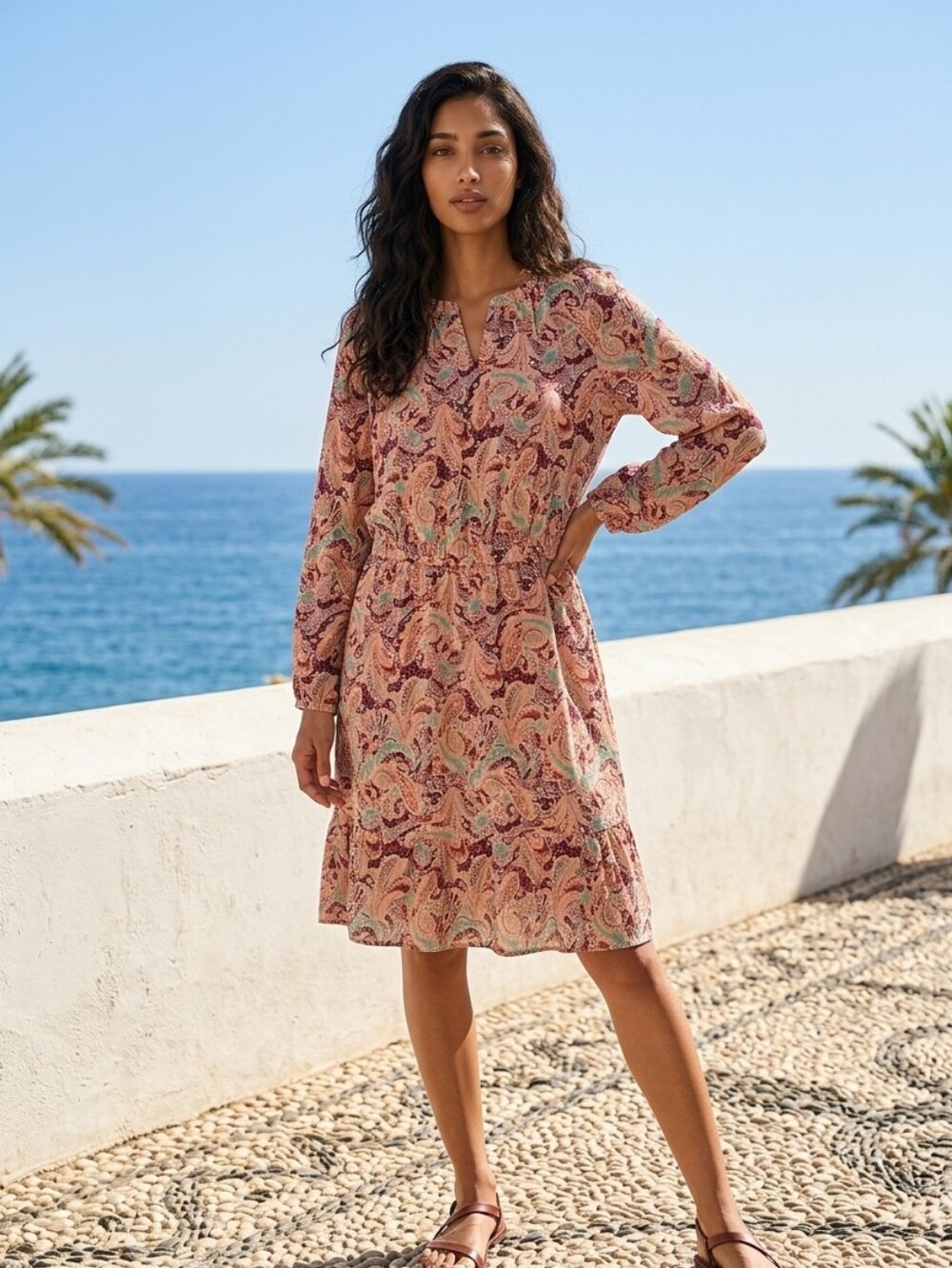 LOFT Petite Paisley Peasant Dress Peach Midi Boho LP Romantic Euro Summer Chic